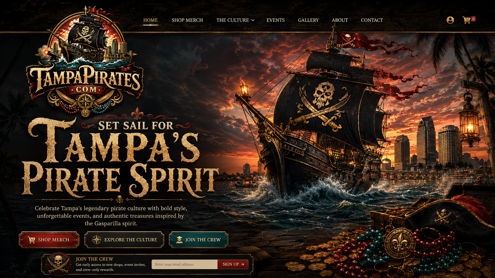 TampaPirates.com hero showing a pirate ship entering Tampa Bay at sunset with Tampa's Pirate Spirit text and merch buttons
